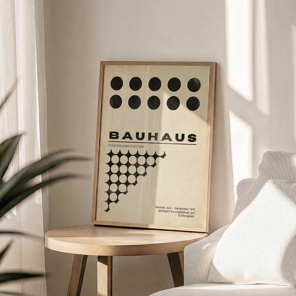 May include: Framed Bauhaus poster with cream background and black geometric circles arranged in rows, featuring "Form Follows Function" text and triangular dot pattern, displayed on light wood round table beside beige upholstered chair with plant leaves visible in corner of minimalist room with white walls and natural lighting.