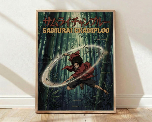 May include: Framed anime poster featuring a character with dark hair in red clothing wielding a sword, surrounded by swirling white energy effects in a bamboo forest setting. The poster displays Japanese text and "SAMURAI CHAMPLOO" in golden letters at the top. The wooden frame sits on light hardwood flooring against a white wall with soft natural lighting casting shadows.