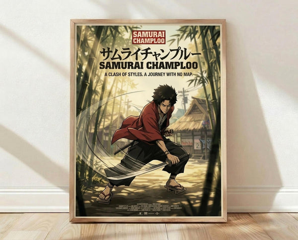 May include: Framed anime poster displayed on white wooden floor against white wall with natural shadow patterns. Features dark-haired samurai character in red jacket and dark pants wielding sword in bamboo forest setting. Japanese text at top, English subtitle below. Warm lighting creates atmospheric mood. Light wooden frame surrounds vertical poster format.