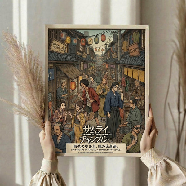 May include: Hands holding framed anime-style poster featuring bustling Japanese street scene with colorful characters in traditional clothing. Artwork shows detailed market district with paper lanterns, wooden buildings, and multiple figures including samurai. Japanese text at bottom with English subtitle. Light wooden frame against white curtained background with dried pampas grass decoration visible on left side.