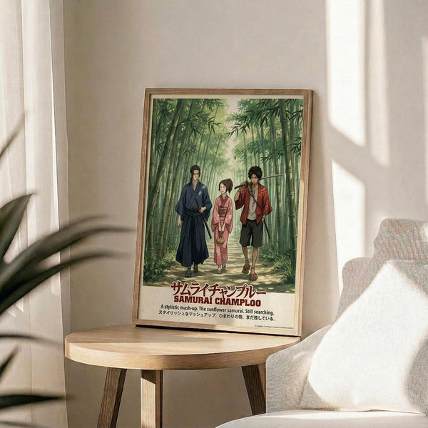 May include: Framed anime poster displayed on round wooden table next to beige upholstered chair. Artwork shows three characters walking through green bamboo forest - man in dark blue kimono, woman in pink traditional dress, and man in red jacket. Poster has Japanese and English text at bottom. Natural lighting creates soft shadows on white walls.