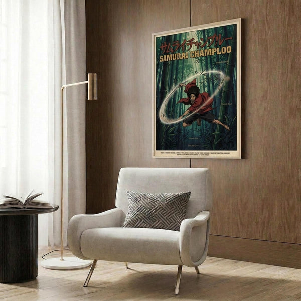 May include: Framed anime poster featuring a character in red clothing wielding a sword in a bamboo forest setting, displayed on wood-paneled wall above beige upholstered armchair with geometric patterned pillow, next to gold floor lamp and dark round side table with open book in modern living room