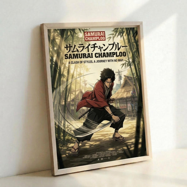 May include: Framed anime poster leaning against white wall showing samurai character in red robe wielding sword in bamboo forest setting. Light wooden frame surrounds colorful artwork with Japanese text and English subtitle about clash of styles and journey. Warm lighting creates shadows on wall behind vintage-style movie poster print.