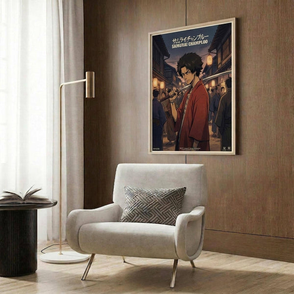 May include: Framed anime poster featuring a dark-haired samurai character in red traditional clothing holding a sword, set against a nighttime street scene with lanterns and crowds. The poster hangs on a wood-paneled wall above a cream upholstered armchair with geometric patterned pillow. Modern brass floor lamp and dark round side table with open book complete the contemporary living room setting.
