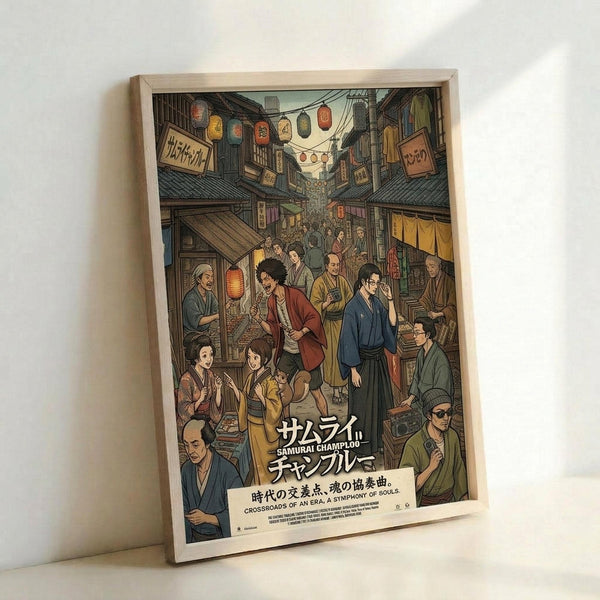 May include: Framed anime-style poster showing bustling Japanese street scene with multiple characters in traditional clothing, paper lanterns overhead, wooden buildings with shop signs, and crowded marketplace atmosphere. Light wooden frame rests against white wall corner, displaying artwork with Japanese text at bottom and colorful illustration featuring samurai and townspeople in earthy tones.
