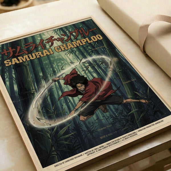 May include: Anime poster print displayed on white surface next to rolled white paper. Artwork shows dynamic character with dark hair in red jacket wielding sword in bamboo forest setting. Green and teal color palette with dramatic lighting effects. Visible copyright text at bottom of print.