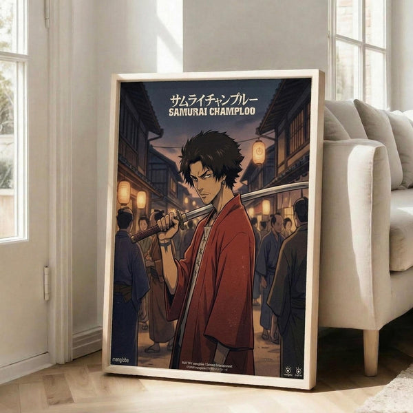 May include: Framed anime poster leaning against white wall next to beige sofa in bright living room. Artwork shows dark-haired samurai character in red kimono holding sword on traditional Japanese street at dusk with lanterns and crowds. Japanese and English text at top. Natural wood frame on hardwood floor with sunlight streaming through windows.