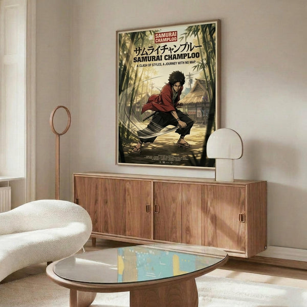 May include: Framed anime poster mounted on wall above wooden credenza in modern living room. Poster shows character with dark hair in red and black clothing holding sword in bamboo forest setting. White curved chair, glass coffee table, and minimalist decor visible. Warm wood tones throughout scene with natural lighting.