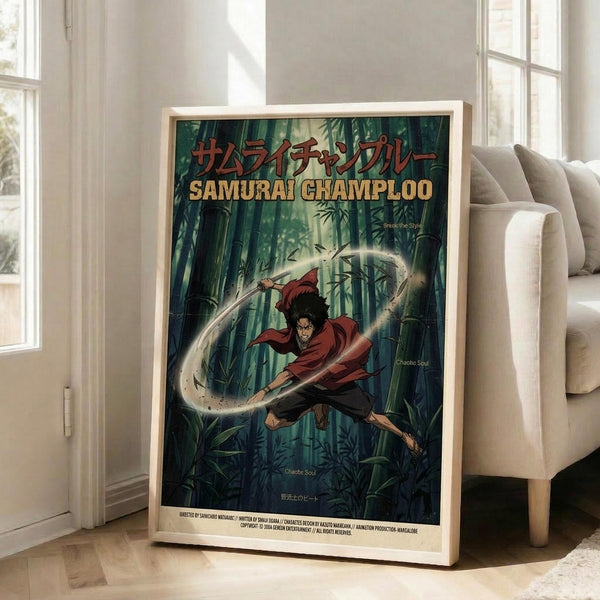 May include: Framed anime poster displayed in bright modern living room with white walls and beige sofa. The poster features a samurai character in red clothing wielding a sword amid green bamboo forest, with Japanese and English text at top. Natural wood frame, leaning against wall near tall windows with sunlight streaming across wooden floors.