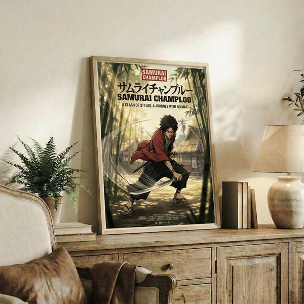 May include: Framed anime poster featuring a dark-haired character in red and black clothing sitting in a bamboo forest setting. The poster displays Japanese text and "A clash of styles. A journey with no map" tagline. Shown leaning against a rustic wooden sideboard alongside books, a ceramic vase, and potted fern in a cozy living room with beige chair and warm lighting.