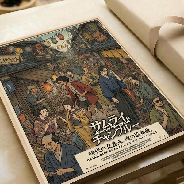 May include: Illustrated poster print featuring anime characters in colorful traditional Japanese clothing gathered in a bustling market street scene. The artwork shows warm earth tones with detailed architectural elements, paper lanterns, and shop signs. Japanese text appears at the bottom with English subtitle. The print is displayed on white paper with a beige ribbon beside it on a neutral surface.