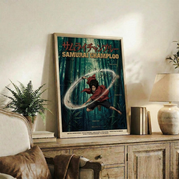 May include: Framed anime poster displayed on rustic wooden cabinet in cozy living room setting. Shows character with flowing red clothing wielding sword in bamboo forest scene. Green and teal artwork with Japanese and English text. Natural wood frame matches cabinet finish. Fern plant, ceramic vase, books, and beige armchair with leather pillows complete the warm, earthy interior decor.