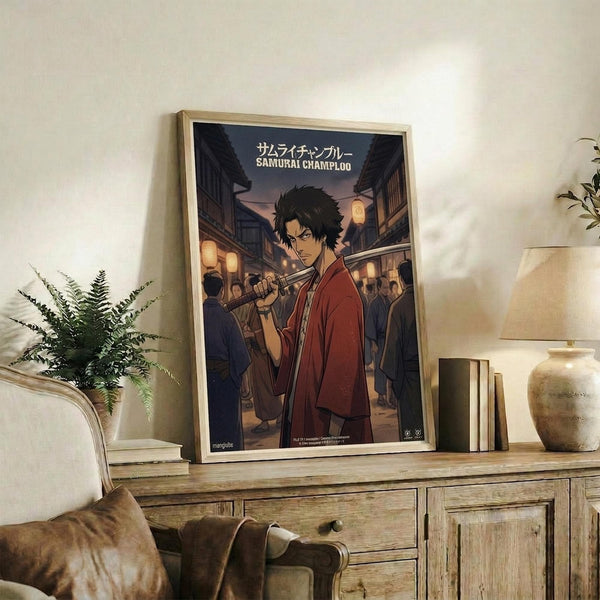 May include: Framed anime poster featuring a dark-haired character in red traditional Japanese clothing holding a sword, set against a nighttime street scene with lanterns and crowds. The artwork is displayed on a rustic wooden console table alongside books, a ceramic vase, and a fern plant, with a beige armchair visible in the cozy living room setting.