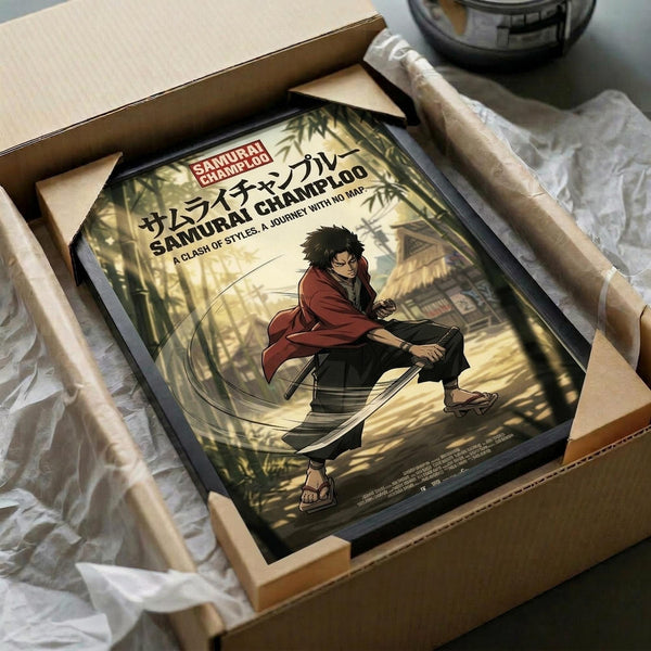 May include: Framed poster featuring anime character with dark hair in red jacket and dark pants, holding a sword in dynamic pose against bamboo forest background with Japanese text. Black frame sits in open cardboard shipping box with white tissue paper padding on wooden surface.