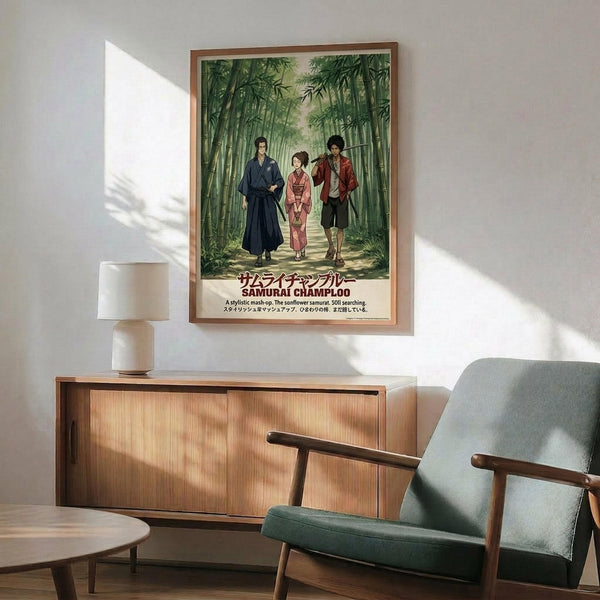 May include: Framed anime poster showing three characters walking through a bamboo forest - a man in dark blue robes, a young woman in pink kimono, and a man with afro in red jacket. Displayed above a wooden sideboard with white ceramic lamp in a modern living room setting with mint green upholstered chair. Warm sunlight streams across white walls creating geometric shadows. Japanese text visible at bottom of artwork.