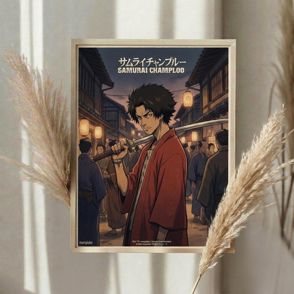 May include: Framed anime poster showing dark-haired samurai character in red traditional clothing holding sword, set against evening street scene with lanterns and crowds. Golden wooden frame displayed on neutral wall with dried pampas grass decorations on both sides, soft natural lighting creating warm ambiance.