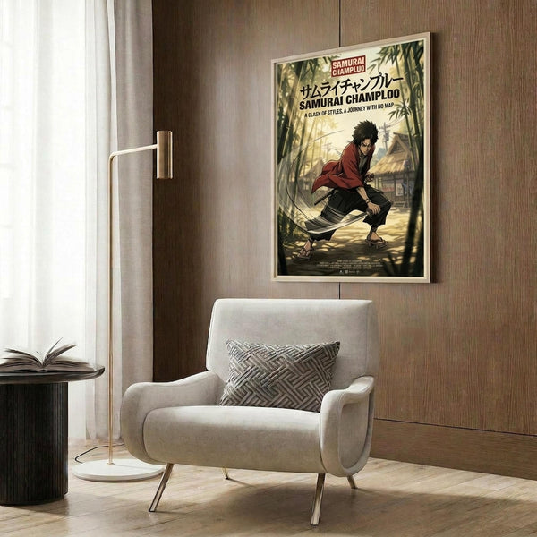 May include: Framed anime poster featuring a dark-haired character in red and black clothing crouched in a bamboo forest setting, displayed on wood-paneled wall above beige upholstered chair with geometric patterned pillow, next to modern brass floor lamp and dark round side table with open book in contemporary living room with natural lighting