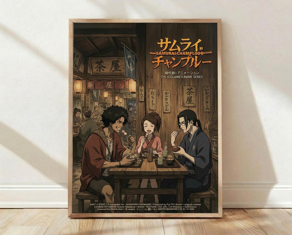 May include: Framed anime poster showing three characters dining in a traditional Japanese restaurant with warm lighting and wooden interior. Features detailed illustration in earthy brown and orange tones with Japanese text at top. Frame appears natural wood color, displayed on light wooden floor against white wall with soft shadows.