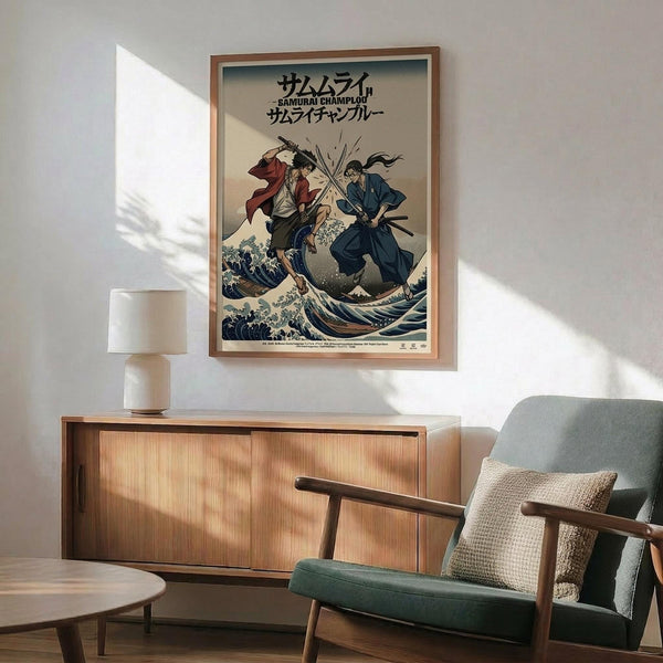 May include: Framed anime poster showing two samurai warriors dueling with swords amid stylized ocean waves, displayed above a wooden credenza in a modern living room with mid-century chair, white lamp, and soft natural lighting casting shadows on white walls.