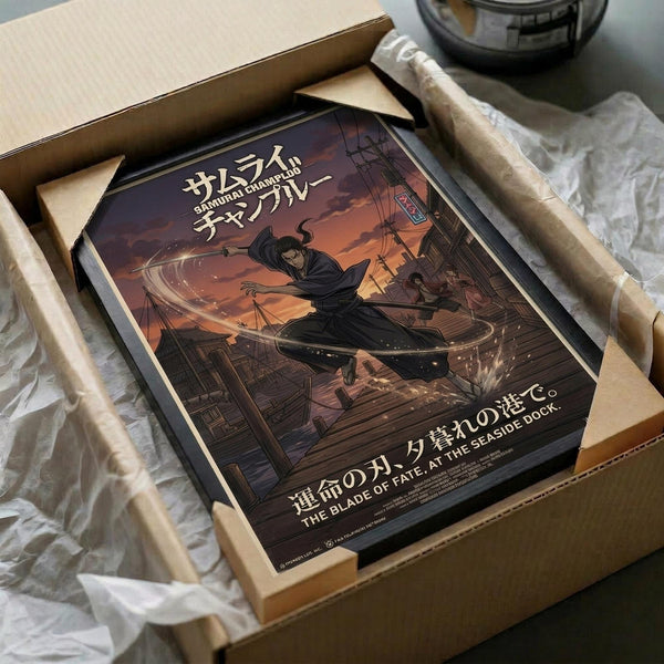 May include: Framed anime poster in wooden crate with protective padding. Artwork shows black-clad samurai character with sword on ship deck at sunset, with dramatic orange and purple sky. Japanese text at top, English subtitle at bottom. Poster appears medium-sized within shipping box surrounded by paper wrapping materials.