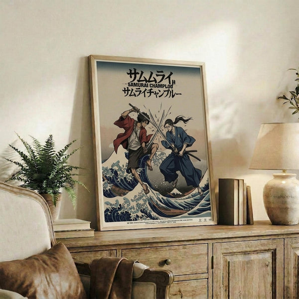 May include: Framed anime poster featuring two samurai warriors with swords positioned over stylized ocean waves in blue and white, with Japanese text at top. Wooden frame sits on rustic wooden cabinet alongside fern plant, books, ceramic vase, and brown leather chair in warm-toned living room setting.