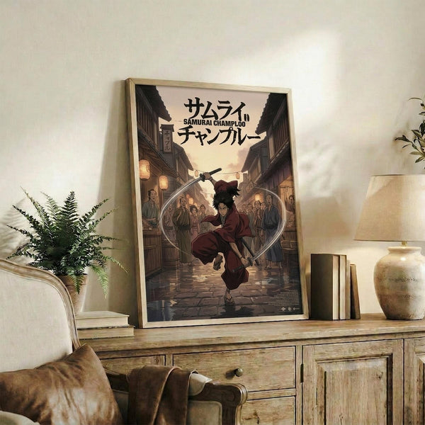May include: Framed anime poster featuring samurai character with sword in traditional Japanese street scene, displayed on rustic wooden console table alongside books, ceramic vase, and fern plant in cozy living room with beige chair and warm lighting