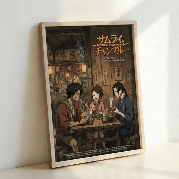 May include: Framed anime poster showing three characters sharing a meal at a wooden table in a traditional Japanese restaurant setting. The artwork features warm browns and muted colors, depicting two men and one woman in period clothing surrounded by lanterns and wooden signs with Japanese characters. The poster is displayed in a light wooden frame leaning against a white wall.