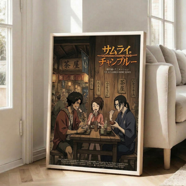 May include: Framed anime poster showing three characters eating at a traditional Japanese restaurant, displayed on wooden floor against white wall next to beige sofa. The artwork features warm browns and muted colors depicting an indoor dining scene with wooden tables, lanterns, and Japanese text. The poster appears medium-sized in a light wood frame.