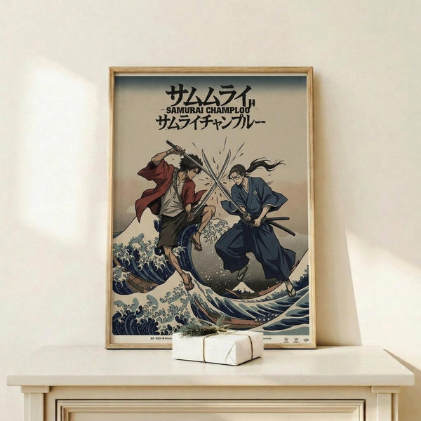 May include: Framed poster displayed on light wood shelf against white wall, featuring two samurai warriors dueling with swords amid stylized ocean waves in traditional Japanese art style. Artwork shows dynamic sword clash with sparks, one fighter in red and tan clothing, another in blue robes, rendered in muted earth tones with blue wave accents. Small white decorative object sits on shelf beside the wooden-framed print.