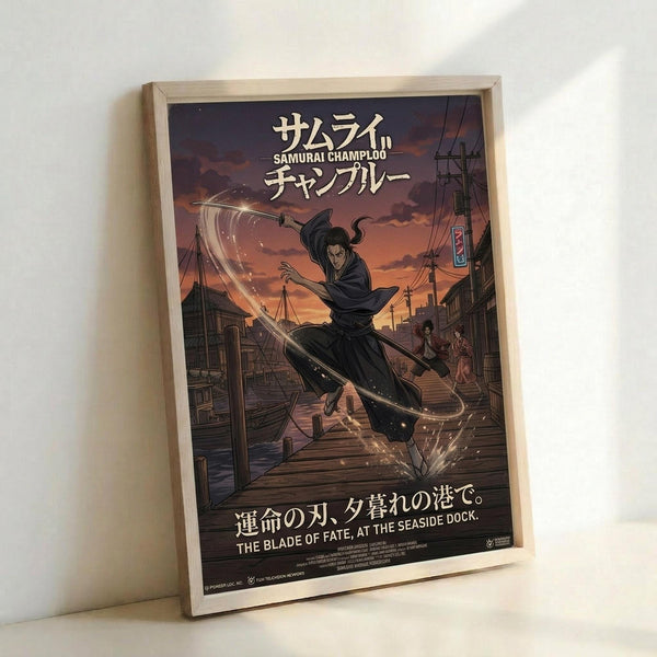 May include: Framed anime-style poster leaning against white wall in light wood frame. Artwork shows samurai character in dark clothing wielding curved sword on wooden dock at sunset. Japanese text at top, English subtitle at bottom. Warm orange and purple sky colors, traditional harbor setting with ships and buildings in background.