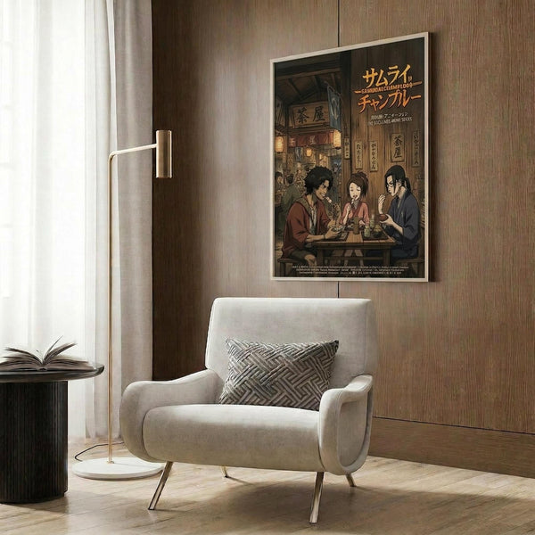 May include: Framed anime poster showing three characters dining in a traditional Japanese restaurant setting, displayed on wood-paneled wall above beige upholstered armchair with geometric patterned pillow. Modern reading nook with brass floor lamp, dark round side table with open book, and soft natural lighting from window with sheer curtains.