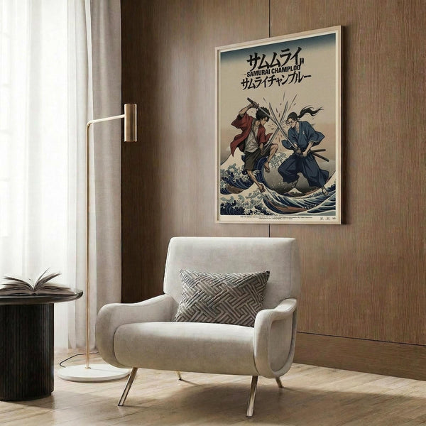May include: Framed anime poster featuring two samurai warriors with swords amid stylized ocean waves, displayed on wood-paneled wall above beige upholstered armchair with geometric pillow. Modern living room setting with brass floor lamp and side table with open book. Japanese text visible at top of poster print.