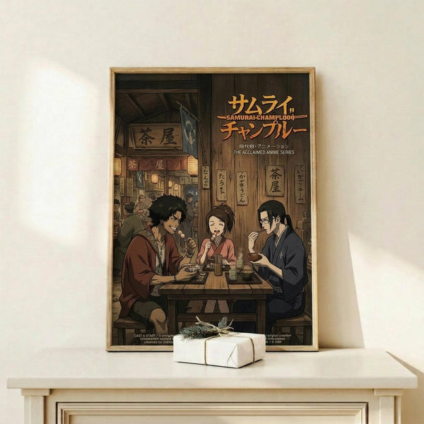 May include: Framed anime poster showing three characters dining together in a traditional Japanese restaurant setting, displayed on a light wood shelf against white wall with small wrapped gift box nearby. Warm earth tones dominate the artwork featuring detailed interior with hanging lanterns and wooden architecture. Natural wood frame complements the cozy indoor scene.