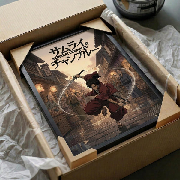 May include: Framed anime poster in cardboard shipping box with protective white tissue paper. Shows samurai character in burgundy robes wielding sword in traditional Japanese village street scene with lanterns and wooden buildings. Warm orange and brown tones, detailed illustration style. Black frame against craft paper packaging materials.