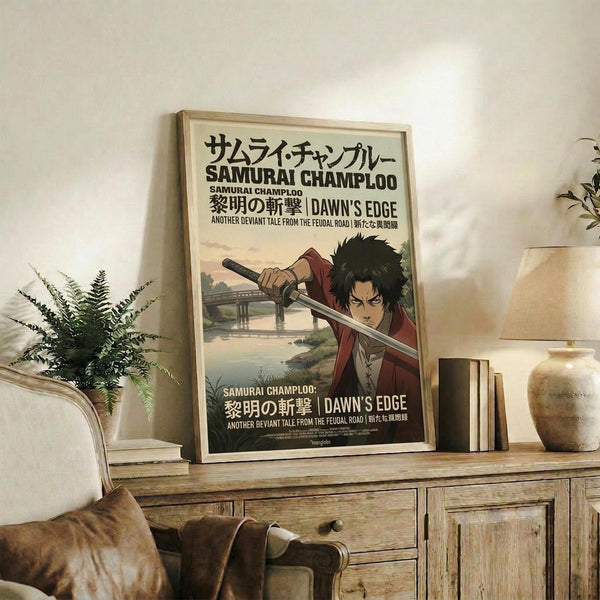 May include: Framed anime poster featuring a samurai character with dark hair holding a sword, set against a bridge landscape background. Japanese and English text visible on cream-colored print. Displayed on rustic wooden console table with books, ceramic vase, and small plant. Beige armchair partially visible in cozy, neutral-toned living room setting with soft natural lighting.