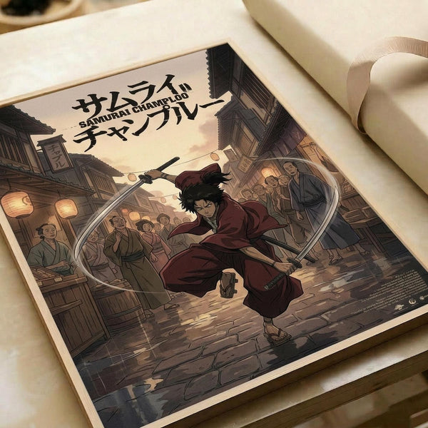 May include: Anime-style poster print on cream paper showing a samurai warrior in burgundy robes wielding a sword in dynamic motion through a traditional Japanese village street. Background features wooden buildings with glowing lanterns and concerned villagers watching. Japanese text at top. Print appears unframed on white surface with partial view of white tape dispenser.