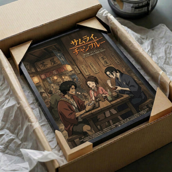 May include: Anime poster print in wooden frame packed in shipping box with protective padding. Artwork shows three characters in traditional Japanese tavern setting with warm brown and orange tones. Man in green jacket and woman in red kimono sit at wooden table while dark-haired man in blue stands nearby. Traditional lanterns and wooden architecture visible in background.