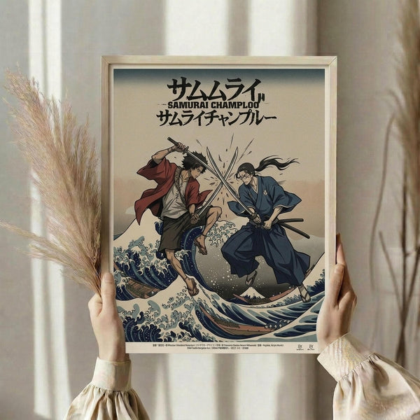May include: Person holding a framed anime poster featuring two samurai warriors with swords clashing above stylized blue ocean waves in traditional Japanese art style. The artwork shows characters in red and blue clothing against a cream background with Japanese text at top. Dried wheat stalks visible on left side, neutral beige interior setting with curtains in background.