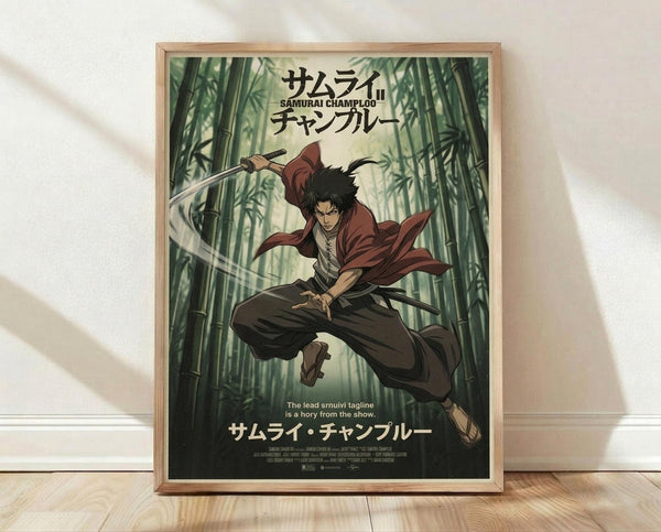 May include: Framed anime poster featuring a samurai character with dark hair wielding a sword, wearing red and brown clothing, leaping through a bamboo forest. Japanese text at top and bottom. Wooden frame displayed on light wood floor against white wall with soft shadows.