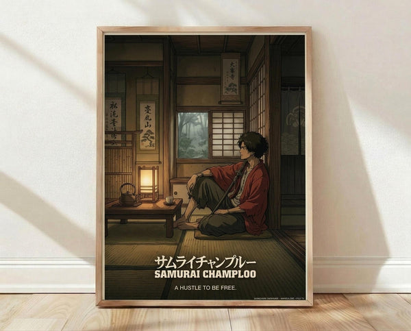 May include: Framed anime-style poster showing a dark-haired character in red clothing sitting cross-legged in a traditional Japanese room with tatami mats, shoji screens, hanging scrolls with calligraphy, a low table with teapot and cup, and warm lantern lighting. The artwork features muted earth tones and detailed interior architecture. White text at bottom reads "SAMURAI CHAMPLOO" and "A HUSTLE TO BE FREE." Natural wood frame displayed on light wooden floor against white textured wall