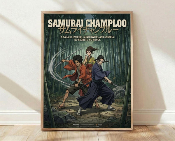 May include: Framed anime poster displayed on light wooden floor against white wall with natural lighting and shadows. Features three samurai characters in dynamic action poses within bamboo forest setting - one in red clothing wielding sword, woman in traditional kimono, man in dark blue robes with glasses. Green forest background with tall bamboo trees, anime art style with bold colors and detailed character designs in natural wood frame.
