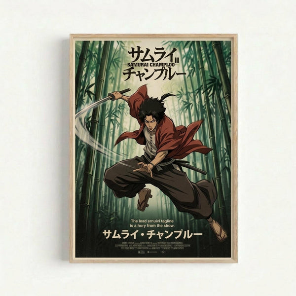 May include: Framed anime poster showing a samurai character mid-leap through a bamboo forest, wielding a katana sword. The warrior wears a flowing red jacket and dark pants, with black hair and intense expression. Japanese text appears at top and bottom against the green bamboo background. Light wood frame mounted on white wall.