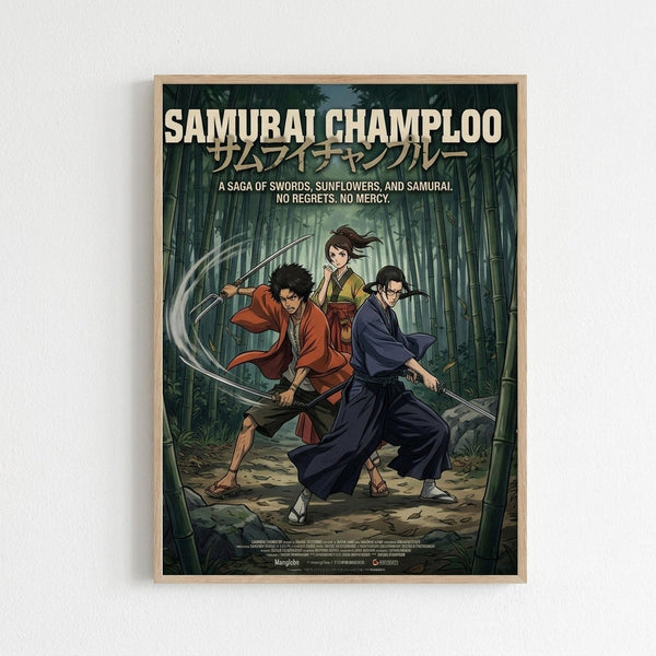 May include: Framed poster print featuring three anime samurai warriors in dynamic fighting poses within a bamboo forest. The artwork shows characters in traditional Japanese clothing - one in red robes, one in blue, and a female character behind them, all wielding swords. The illustration uses rich green tones for the forest background with dramatic lighting effects. White text at top reads "Samurai Champloo" with Japanese characters below.