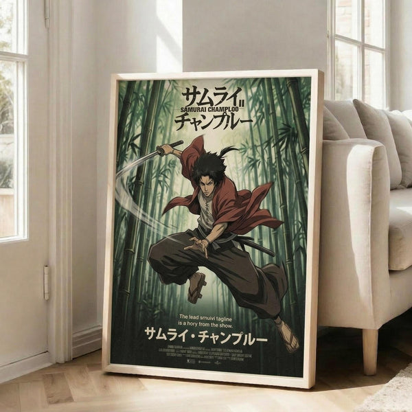 May include: Framed anime poster leaning against white wall next to beige sofa in bright living room. Shows dark-haired samurai character mid-leap through bamboo forest, wielding sword with flowing red jacket. Japanese text at top, English subtitle below. Natural lighting from large windows creates soft shadows on hardwood floor.