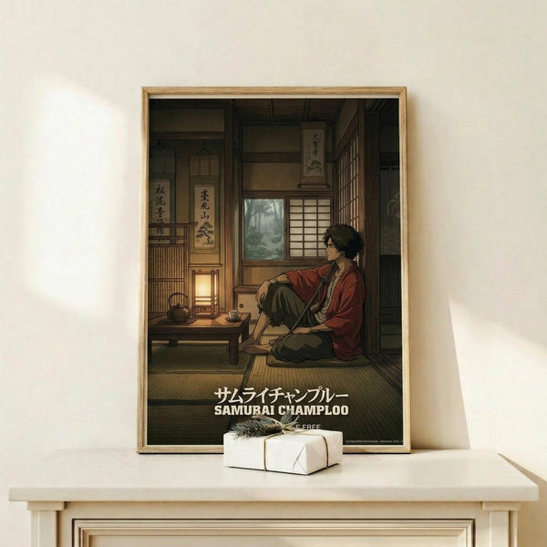 May include: Framed anime poster displaying a samurai character in red robes sitting in a traditional Japanese room with tatami mats, wooden architecture, and paper screens. The atmospheric artwork shows warm lighting from a lantern, calligraphy scrolls on walls, and Japanese text at bottom. Light wooden frame sits on pale wooden surface next to small wrapped gift box with natural sprig decoration against cream wall.