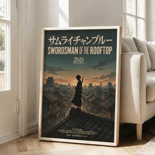 May include: Framed poster displayed in bright living room with white walls and beige couch. Poster shows silhouetted figure with sword standing on traditional Japanese rooftops at sunset, featuring orange and teal sky. Japanese and English text at top reads "Swordsman of the Rooftop." Anime-style artwork in wooden frame leaning against wall on hardwood floor.