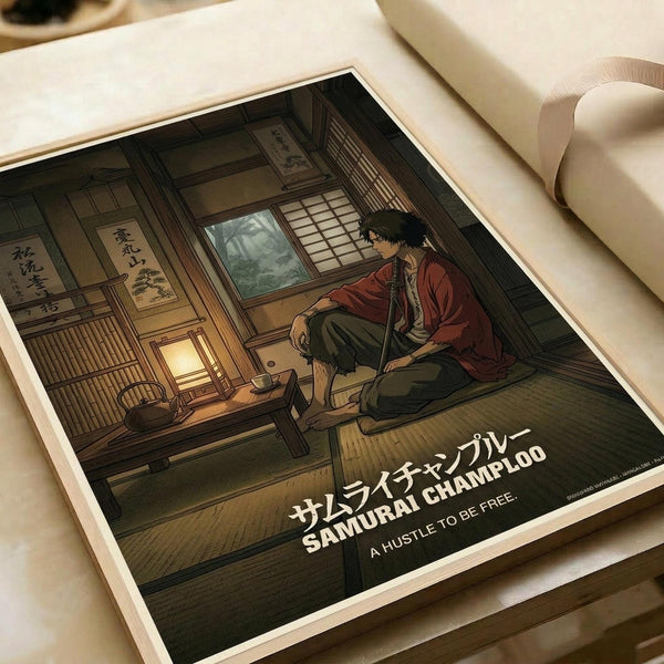 May include: Anime-style poster print showing a dark-haired character in red and green clothing sitting cross-legged in a traditional Japanese room with tatami mats, wooden architecture, and shoji screens. The artwork features warm earth tones with Japanese text and "SAMURAI CHAMPLOO" and "A HUSTLE TO BE FREE" at the bottom. Print is displayed on white wrapping paper alongside a beige tube.