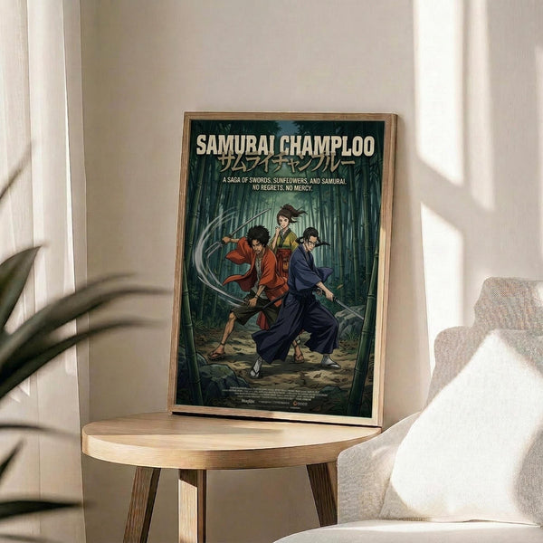 May include: Framed anime poster displayed on round wooden table next to beige upholstered chair. Forest green artwork shows three samurai characters in traditional robes wielding swords in bamboo forest setting. Natural lighting creates shadows across white walls and plant leaves visible in corner.