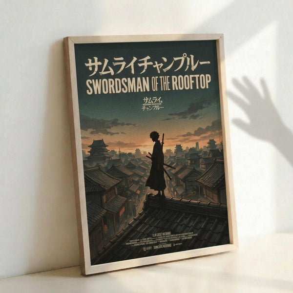 May include: Framed anime poster showing silhouetted swordsman standing on traditional Japanese rooftops at sunset. The artwork features warm orange and green tones with detailed architecture below and cloudy sky above. Japanese and English text at top reads "Swordsman of the Rooftop." Light wooden frame leans against white wall with natural shadows cast across the surface.