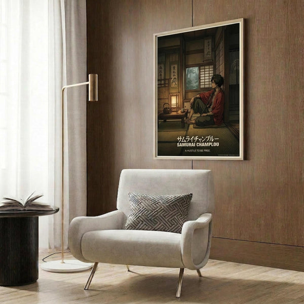 May include: Modern living room with beige armchair displaying framed anime poster on wood-paneled wall. Poster shows person in red clothing sitting in traditional Japanese interior with tatami mats and sliding doors. Japanese text and "Samurai Champlou" visible at bottom. Gold floor lamp and geometric patterned pillow complete the neutral-toned space.